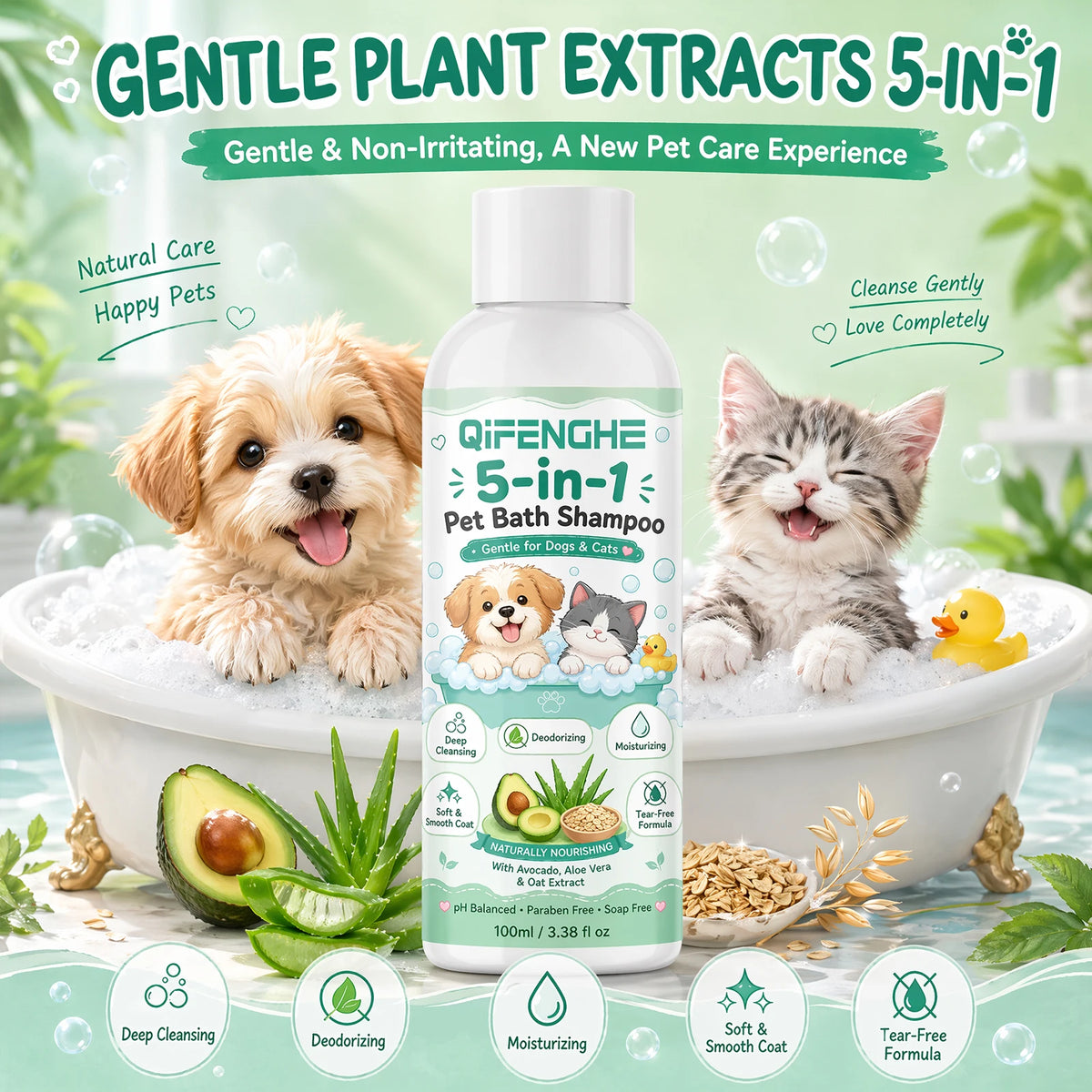 Șampon 5-în-1 pentru câini și pisici – Curăță, deodorizează, hidratează și îngrijește blana.