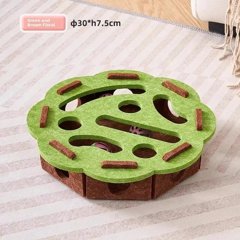 Jucărie puzzle pentru pisici – Cutie din pâslă cu bilă, pentru exercițiu, joacă și stimularea instinctului de vânătoare.