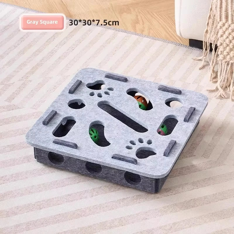 Jucărie puzzle pentru pisici – Cutie din pâslă cu bilă, pentru exercițiu, joacă și stimularea instinctului de vânătoare.