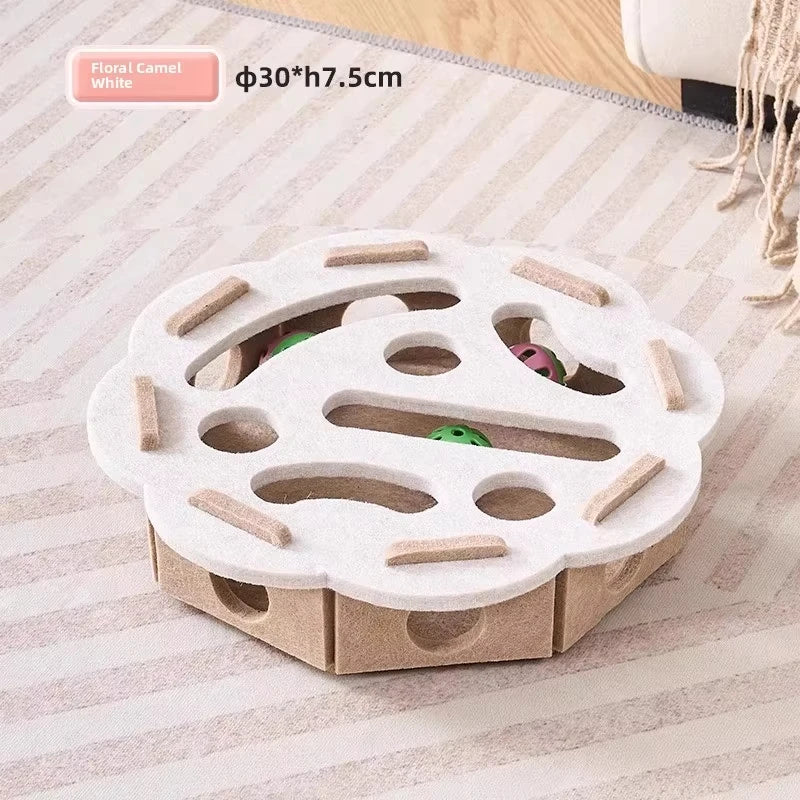 Jucărie puzzle pentru pisici – Cutie din pâslă cu bilă, pentru exercițiu, joacă și stimularea instinctului de vânătoare.