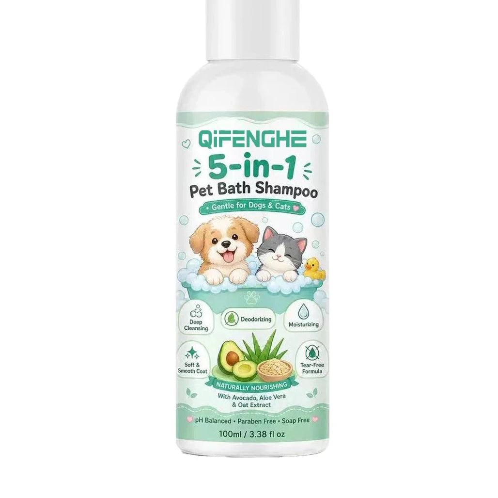 Șampon 5-în-1 pentru câini și pisici – Curăță, deodorizează, hidratează și îngrijește blana.