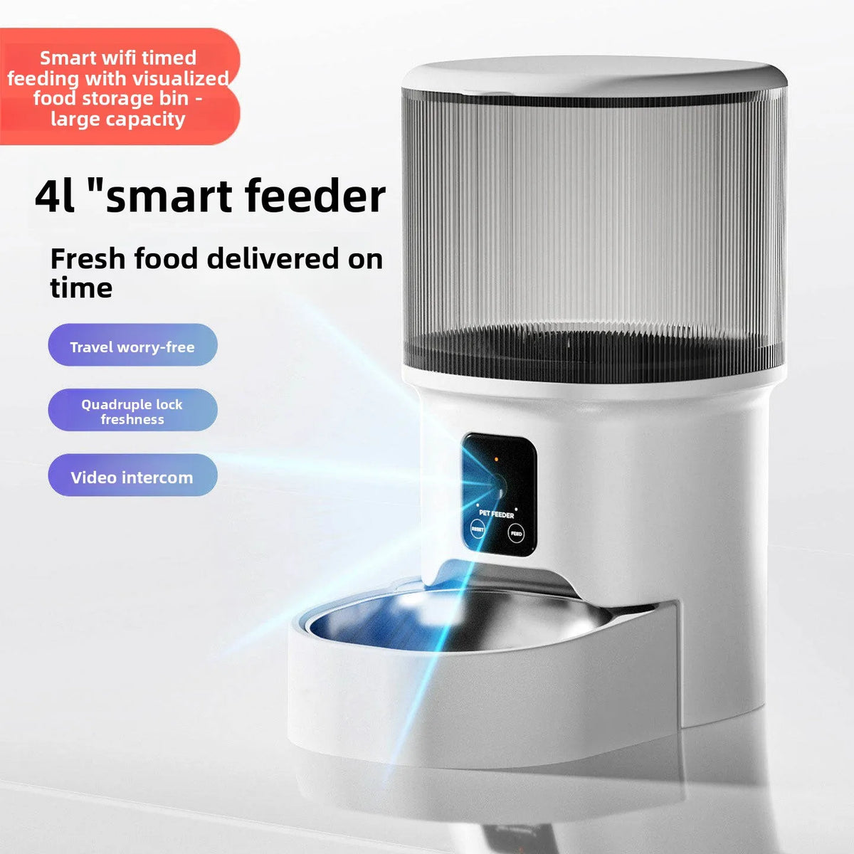 Hrănitor automat inteligent 4L pentru câini și pisici – Distribuire programată și porționată, cu bol din oțel inoxidabil și cameră HD.