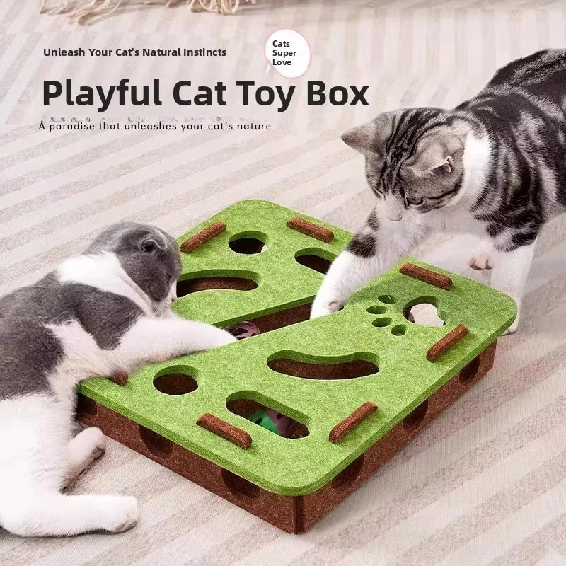 Jucărie puzzle pentru pisici – Cutie din pâslă cu bilă, pentru exercițiu, joacă și stimularea instinctului de vânătoare.