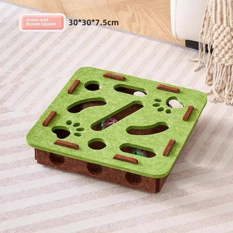 Jucărie puzzle pentru pisici – Cutie din pâslă cu bilă, pentru exercițiu, joacă și stimularea instinctului de vânătoare.