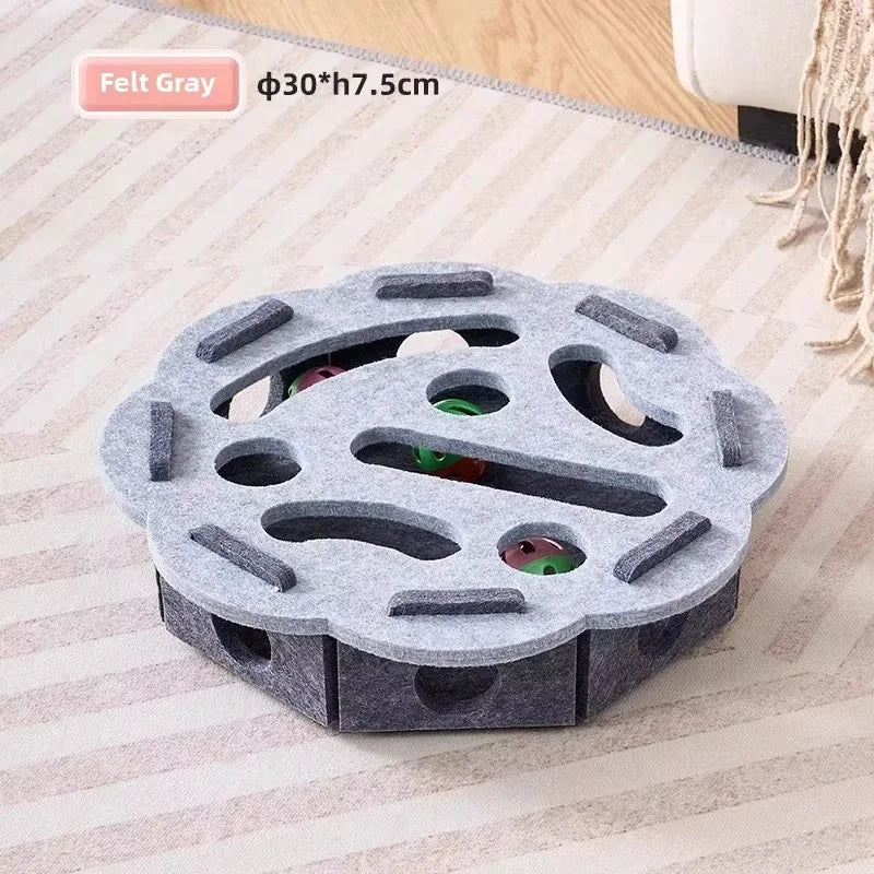 Jucărie puzzle pentru pisici – Cutie din pâslă cu bilă, pentru exercițiu, joacă și stimularea instinctului de vânătoare.