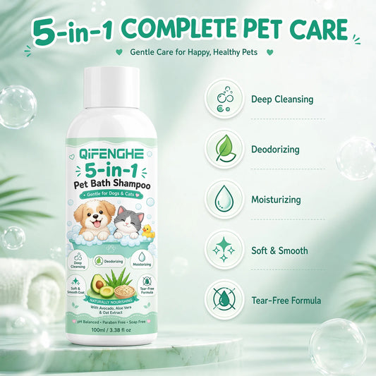 Șampon 5-în-1 pentru câini și pisici – Curăță, deodorizează, hidratează și îngrijește blana.