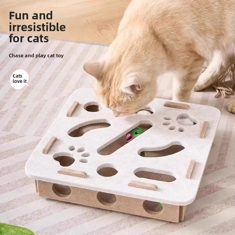 Jucărie puzzle pentru pisici – Cutie din pâslă cu bilă, pentru exercițiu, joacă și stimularea instinctului de vânătoare.